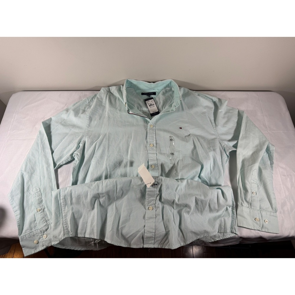 NWT Tommy Hilfiger Mens XXL Linen Cotton Stripe Button Down Shirt Mint Green